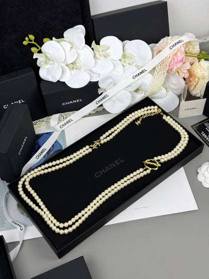 [Resenly Jewelry]25K Pencil Double C Double-Layer Pearl Sweater Chain