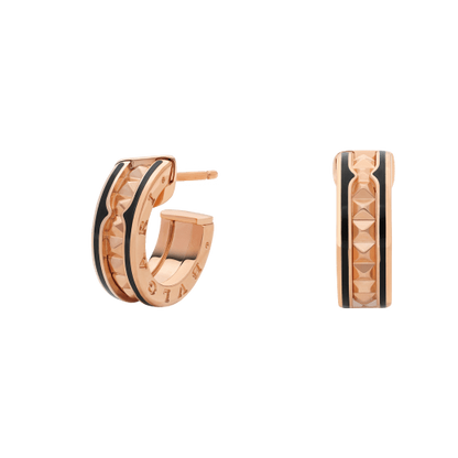 [Resenly Jewelry]ZERO 1 ROCK PINK GOLD EARRINGS WITH STUDDED SPIRAL AND BLACK CERAMIC