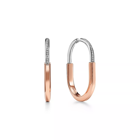 [Resenly Jewelry]LOCK EARRINGS ROSE AND WHITE GOLD DIAMONDS EXTRA LARGE
