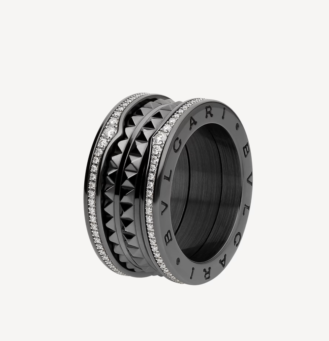 [Resenly Jewelry]ZERO 1 ROCK FOUR-BAND BLACK CERAMIC WITH STUDDED SPIRAL AND PAVED DIAMONDS RING