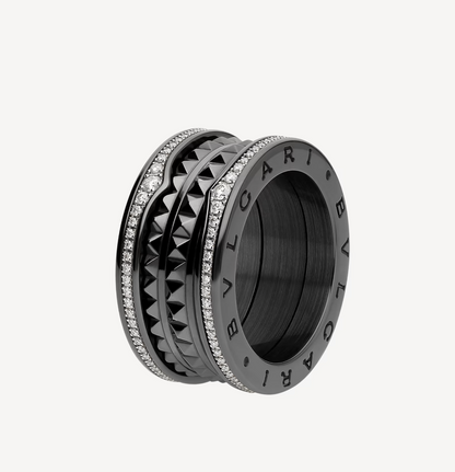 [Resenly Jewelry]ZERO 1 ROCK FOUR-BAND BLACK CERAMIC WITH STUDDED SPIRAL AND PAVED DIAMONDS RING