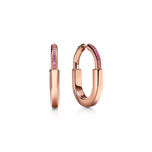 [Resenly Jewelry]LOCK MEDIUM PINK DIAMOND PINK GOLD EARRINGS