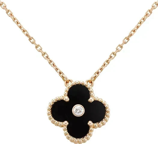 [Resenly Jewelry]CLOVER 15MM DIAMOND ONYX NECKLACE