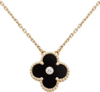 [Resenly Jewelry]CLOVER 15MM DIAMOND ONYX NECKLACE