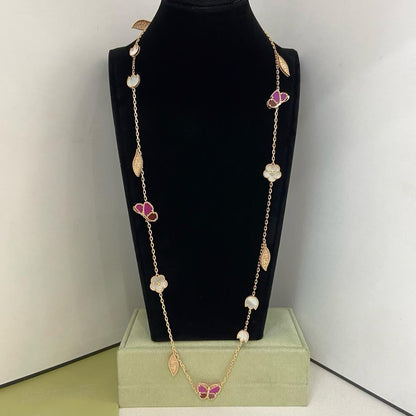 [Resenly Jewelry]ROSE QUARTZ MIXED FLOWER BUTTERFLY SWEATER CHAIN