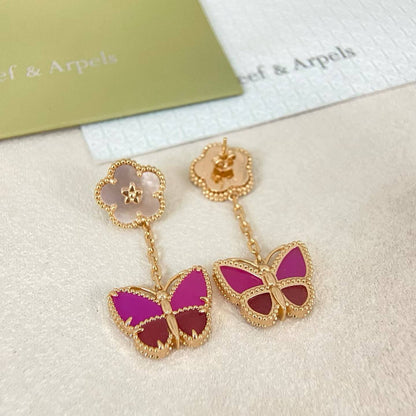 [Resenly Jewelry]ROSE QUARTZ TWO‑FLOWER BUTTERFLY DROP EARRINGS