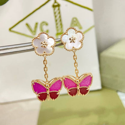 [Resenly Jewelry]ROSE QUARTZ TWO‑FLOWER BUTTERFLY DROP EARRINGS