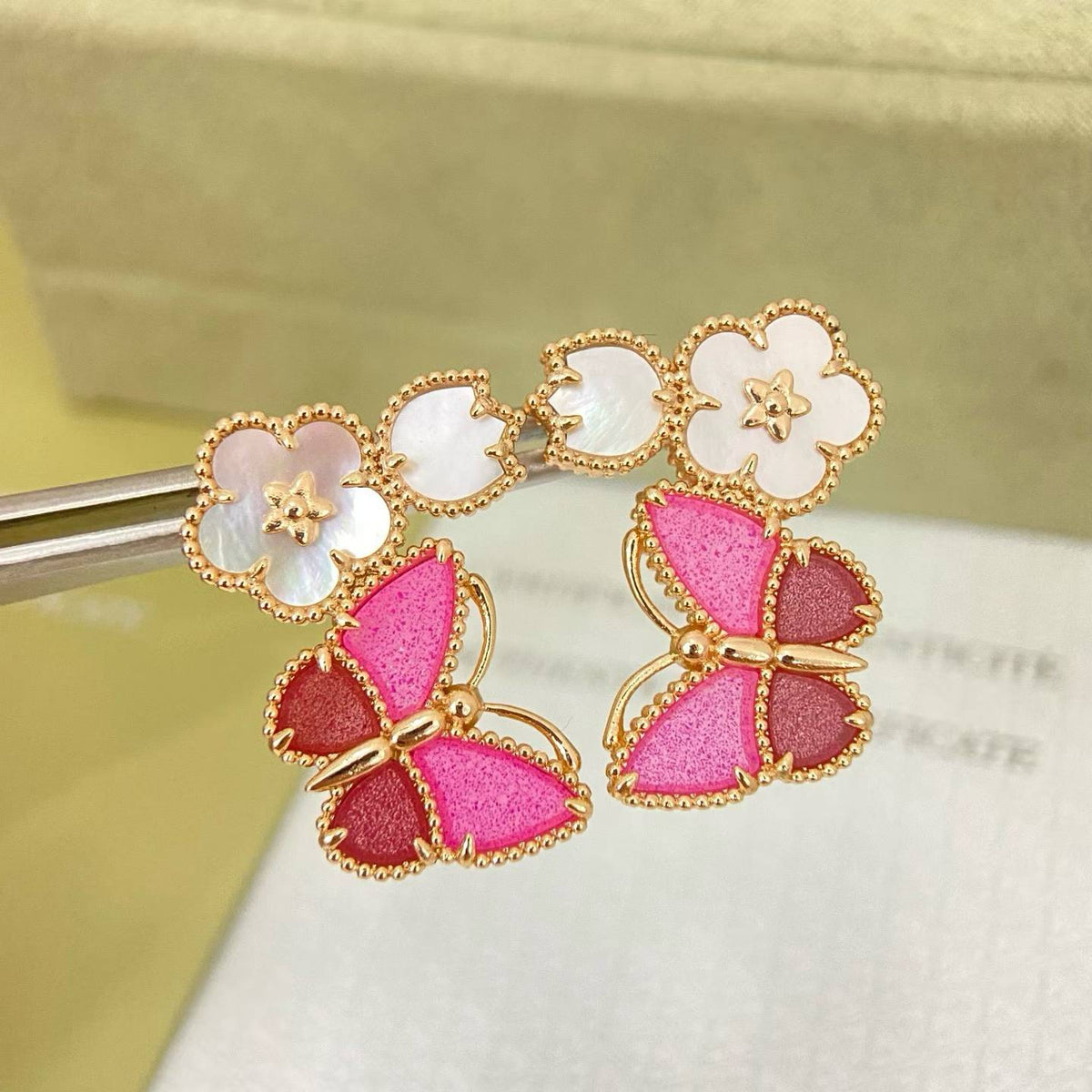 [Resenly Jewelry]ROSE QUARTZ THREE‑IN‑ONE BUTTERFLY STUD EARRINGS