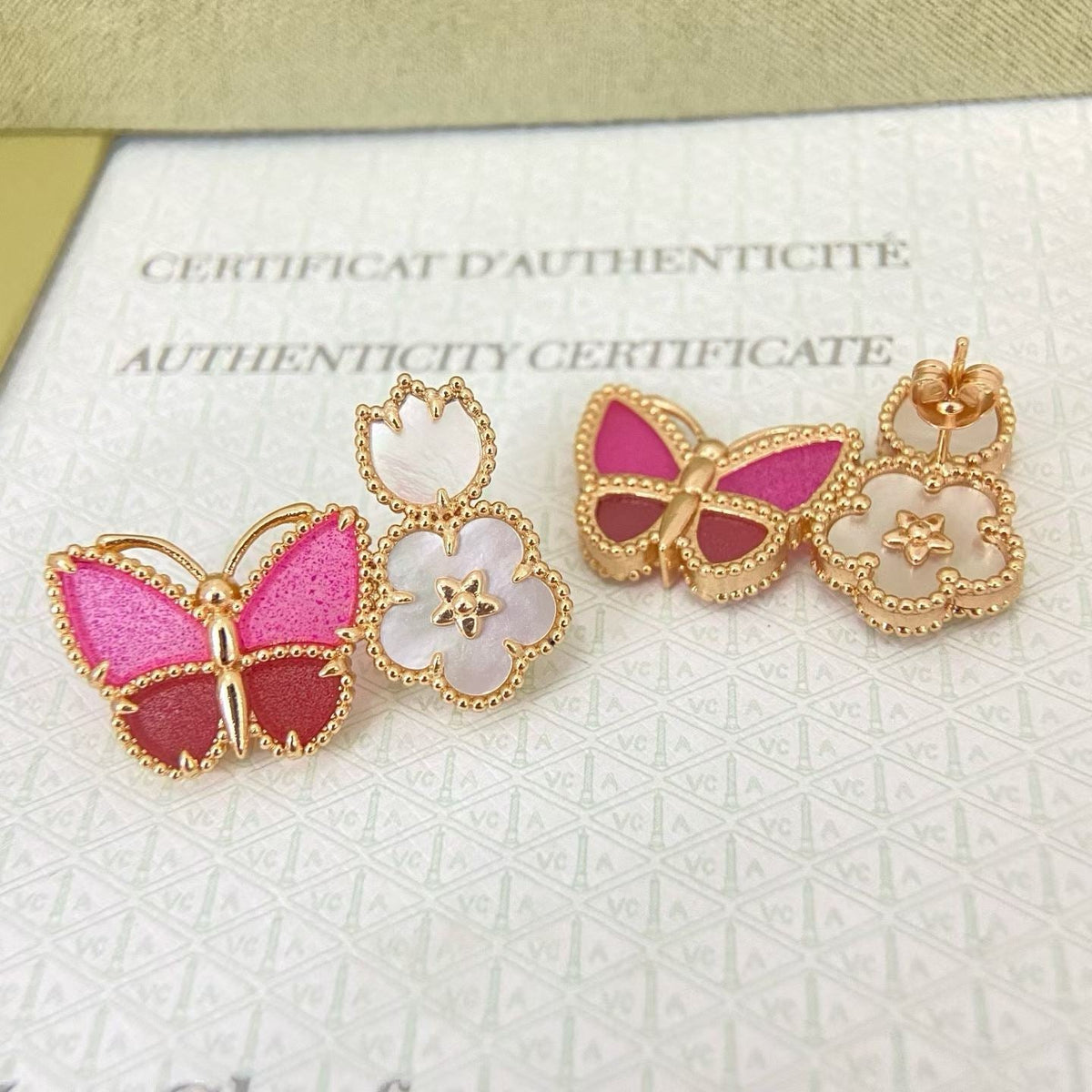 [Resenly Jewelry]ROSE QUARTZ THREE‑IN‑ONE BUTTERFLY STUD EARRINGS