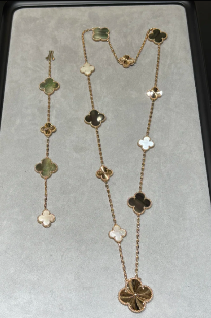 [Resenly Jewelry]DETACHABLE CLOVER 15(11+4) FLOWER SILVER NECKLACE SET
