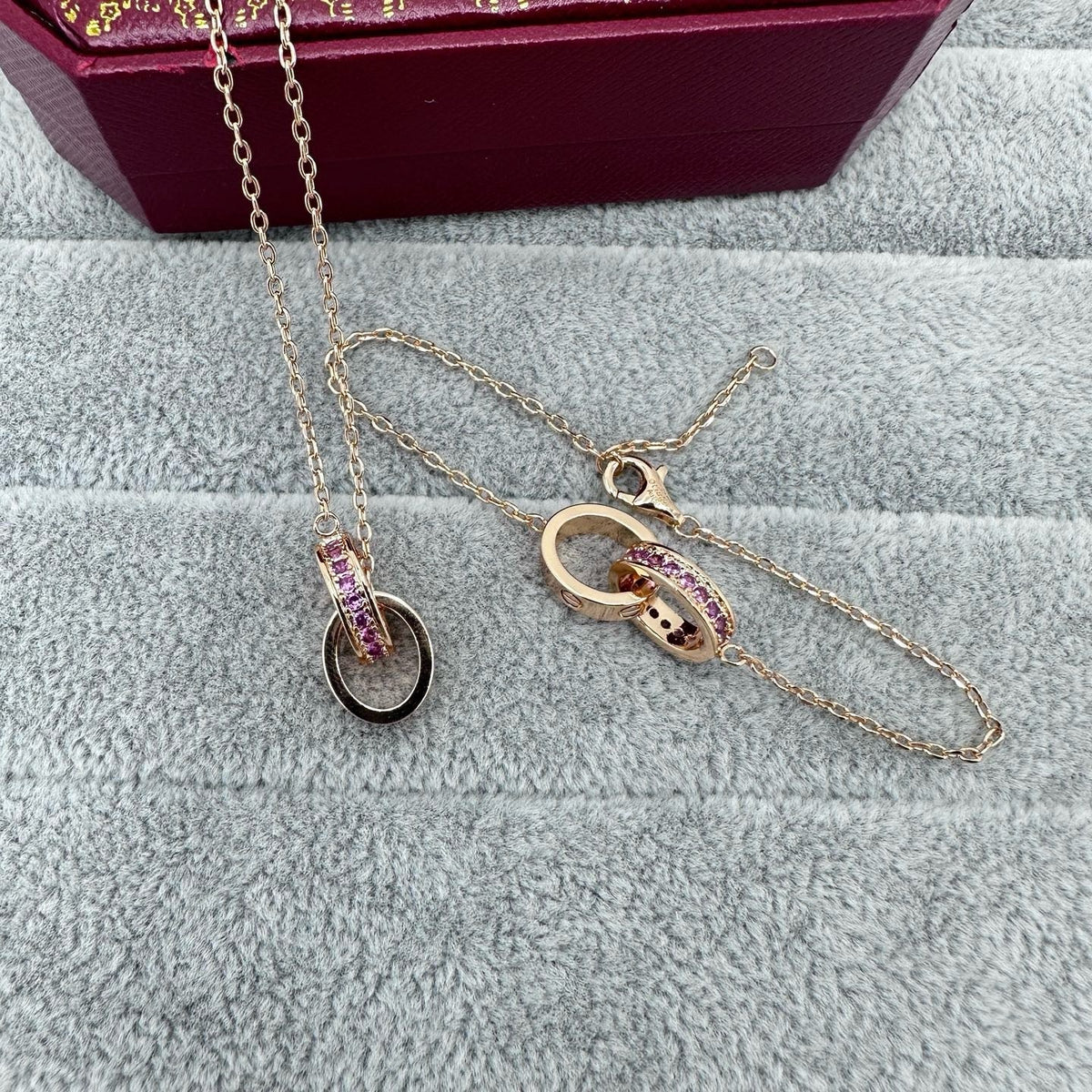 [Resenly Jewelry]LOVE DOUBLE PINK STONES RING NECKLACE