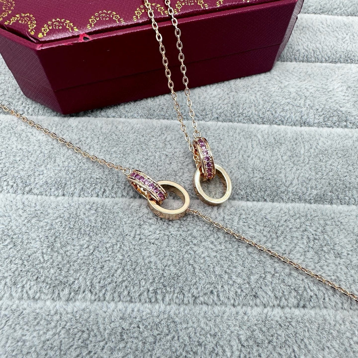 [Resenly Jewelry]LOVE DOUBLE PINK STONES RING NECKLACE