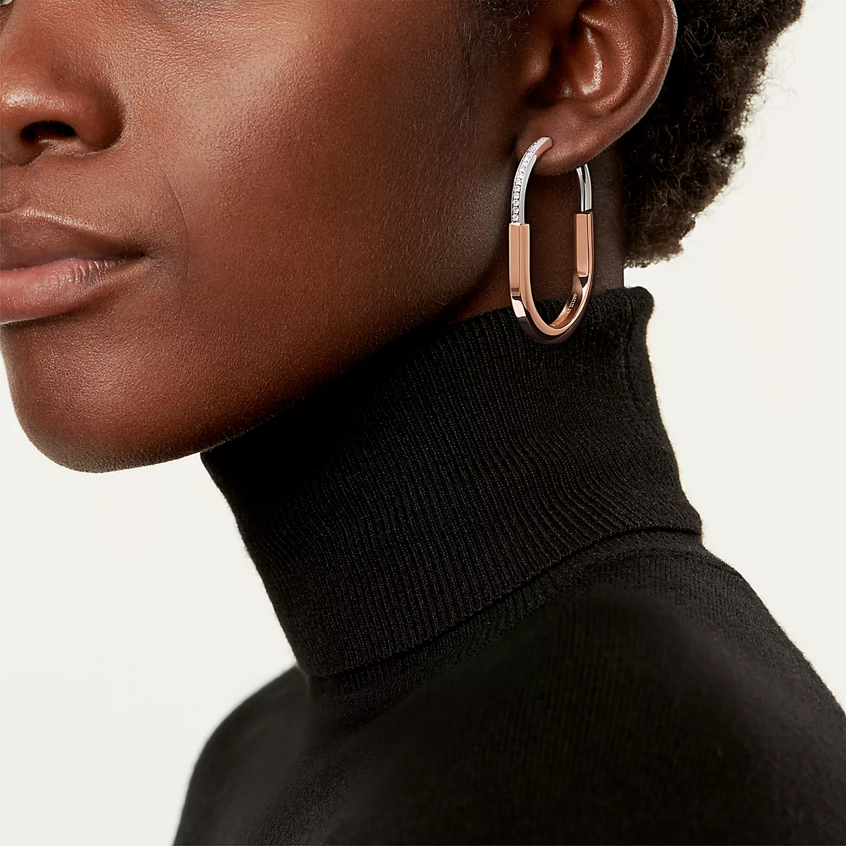 [Resenly Jewelry]LOCK EARRINGS ROSE AND WHITE GOLD DIAMONDS EXTRA LARGE