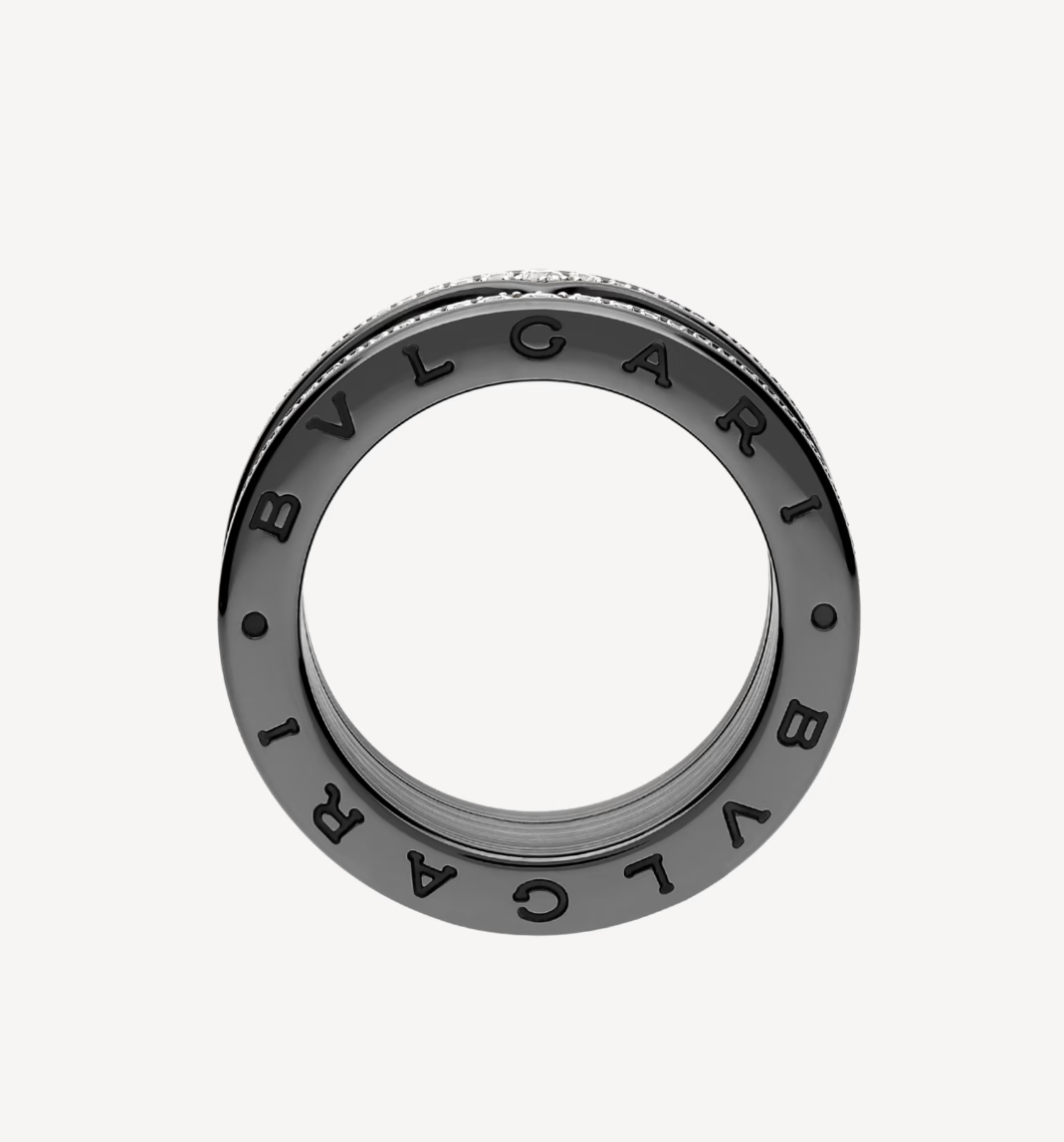 [Resenly Jewelry]ZERO 1 ROCK FOUR-BAND BLACK CERAMIC WITH STUDDED SPIRAL AND PAVED DIAMONDS RING