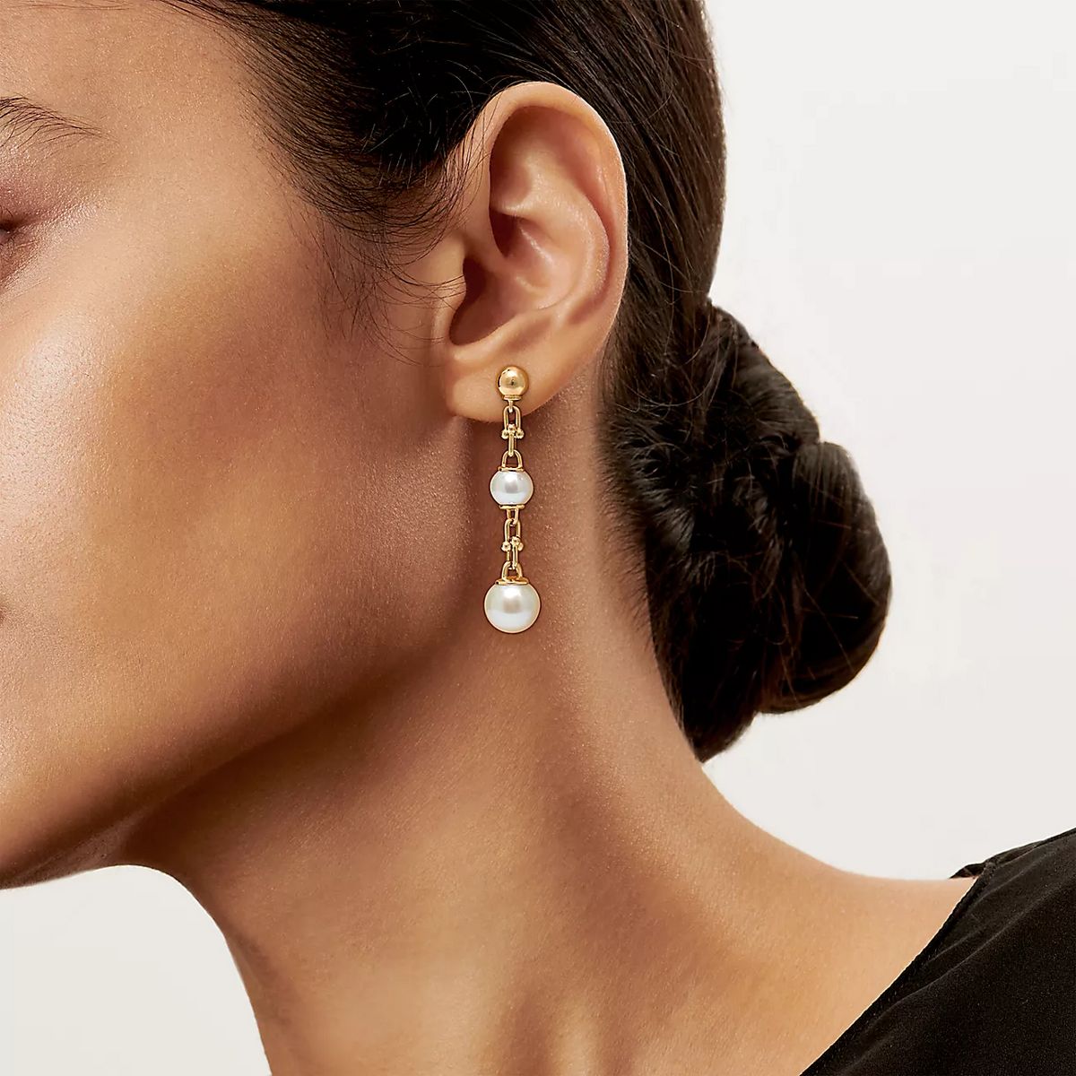 [Resenly Jewelry]TRIPLE DROP LINK EARRINGS GOLD WITH FRESHWATER PEARLS