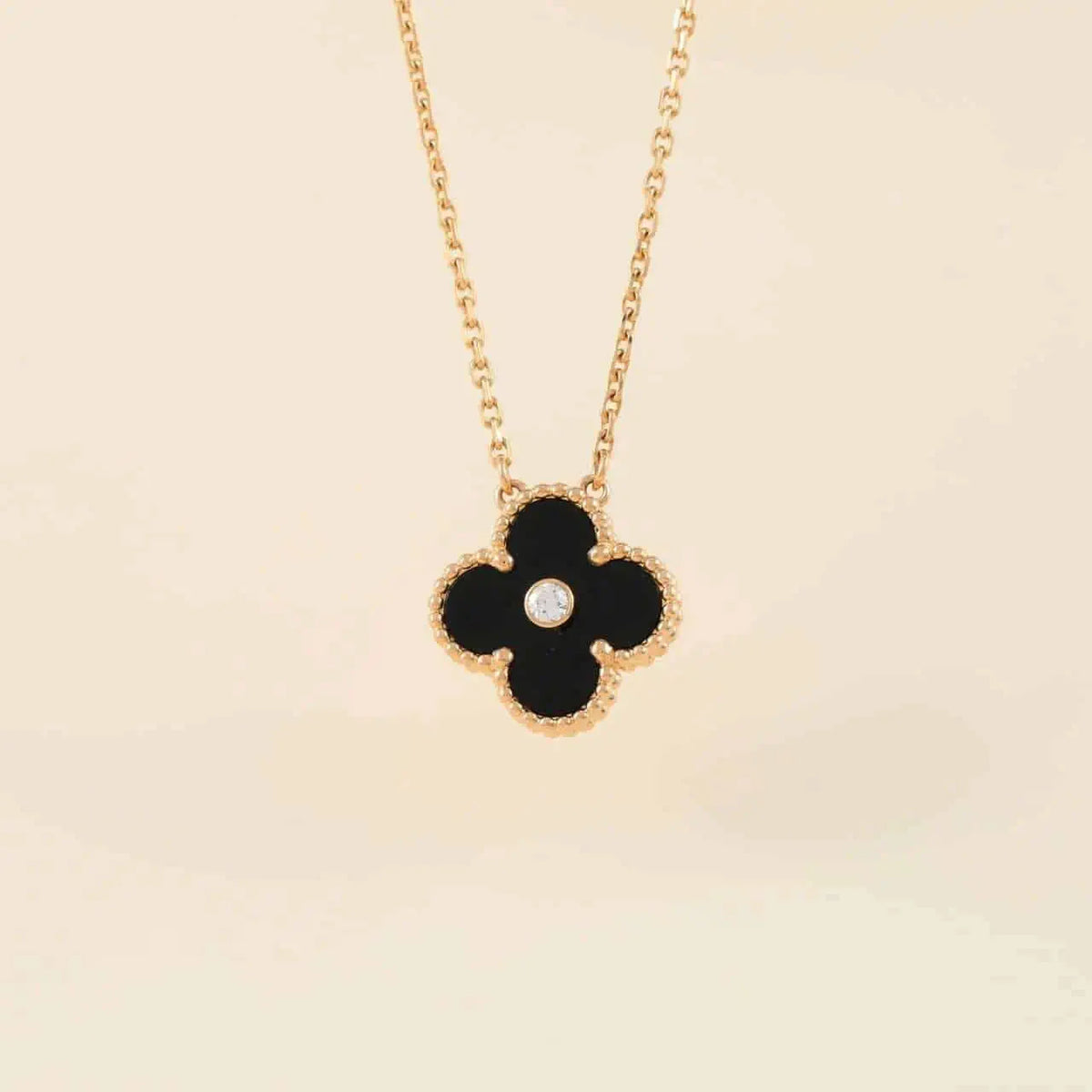 [Resenly Jewelry]CLOVER 15MM DIAMOND ONYX NECKLACE