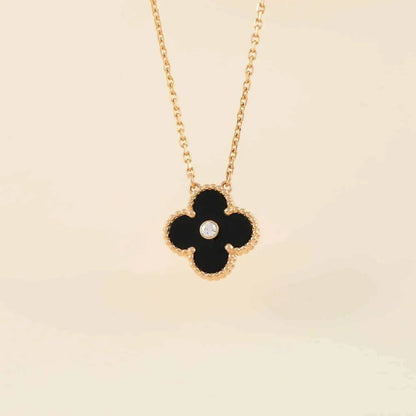 [Resenly Jewelry]CLOVER 15MM DIAMOND ONYX NECKLACE