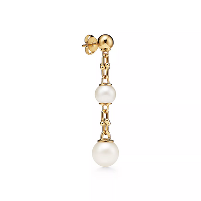 [Resenly Jewelry]TRIPLE DROP LINK EARRINGS GOLD WITH FRESHWATER PEARLS