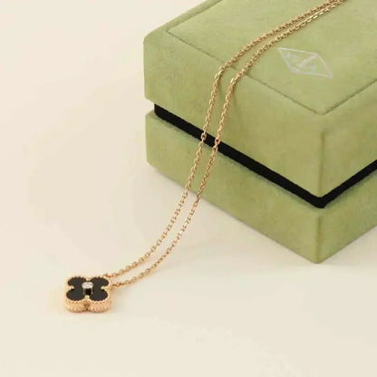 [Resenly Jewelry]CLOVER 15MM DIAMOND ONYX NECKLACE