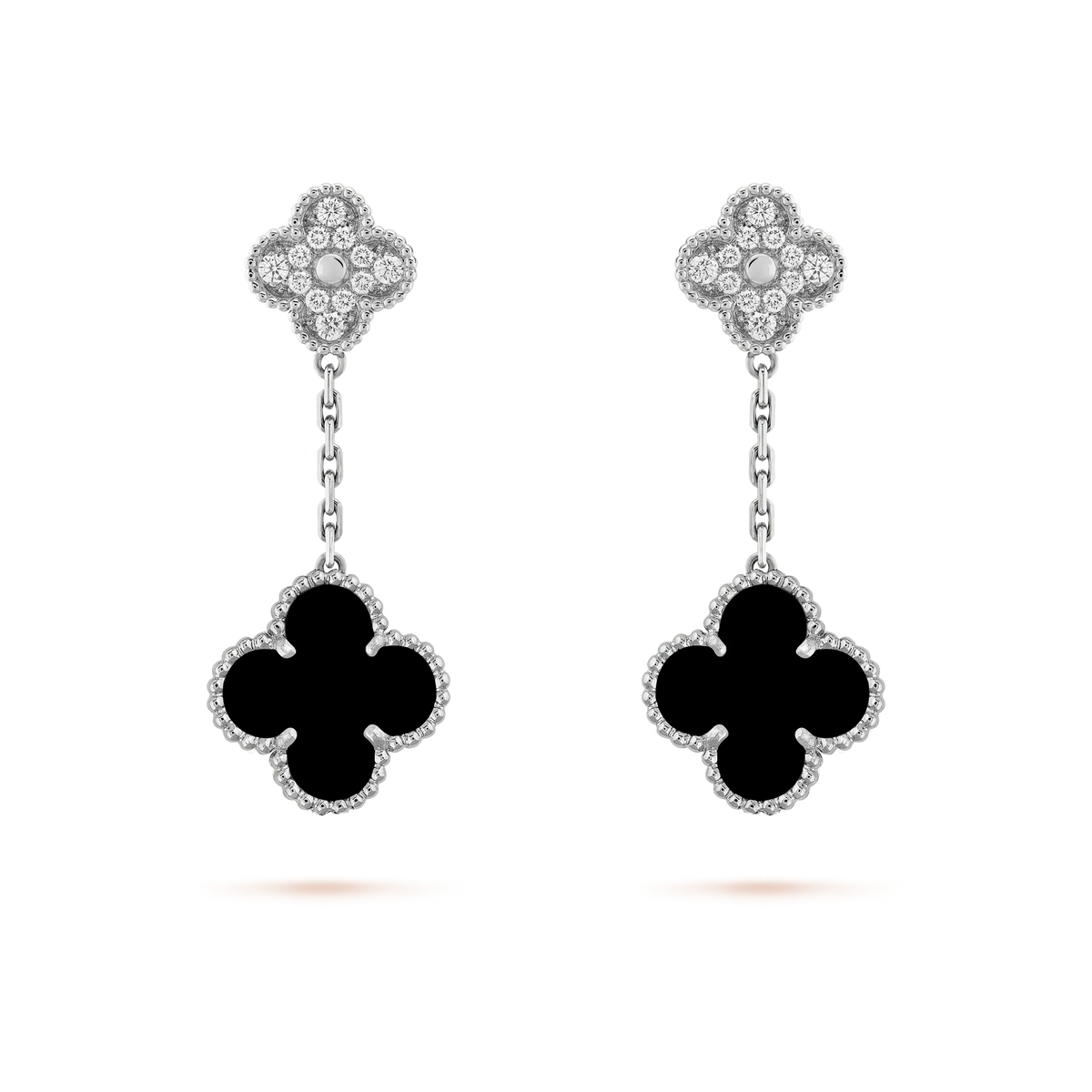 [Resenly Jewelry]CLOVER 2 MOTIFS  DIAMOND ONYX EARRINGS SILVER