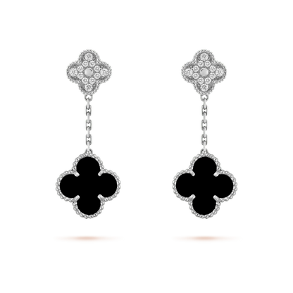[Resenly Jewelry]CLOVER 2 MOTIFS  DIAMOND ONYX EARRINGS SILVER
