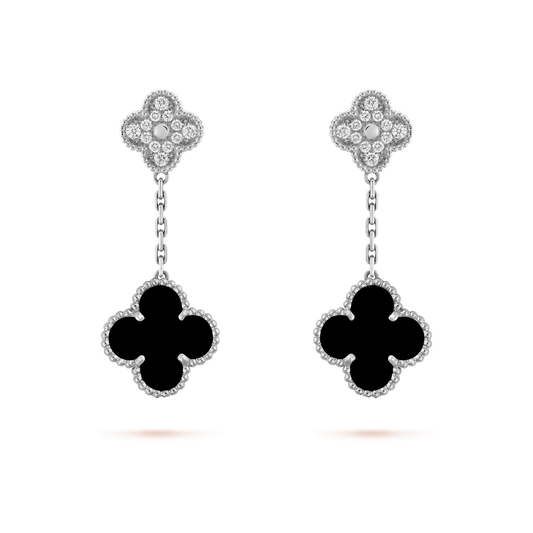[Resenly Jewelry]CLOVER 2 MOTIFS  DIAMOND ONYX EARRINGS SILVER