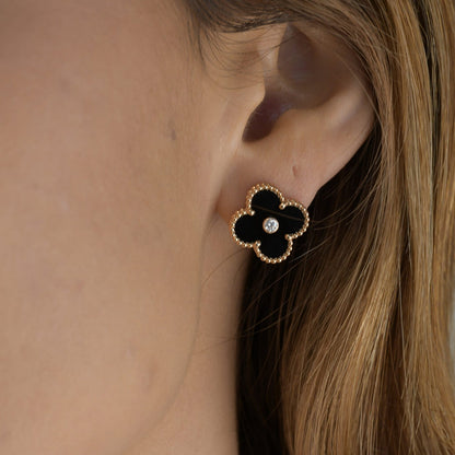 [Resenly Jewelry]CLOVER MEDIUM 1 MOTIFS ONYX DIAMOND EARRINGS