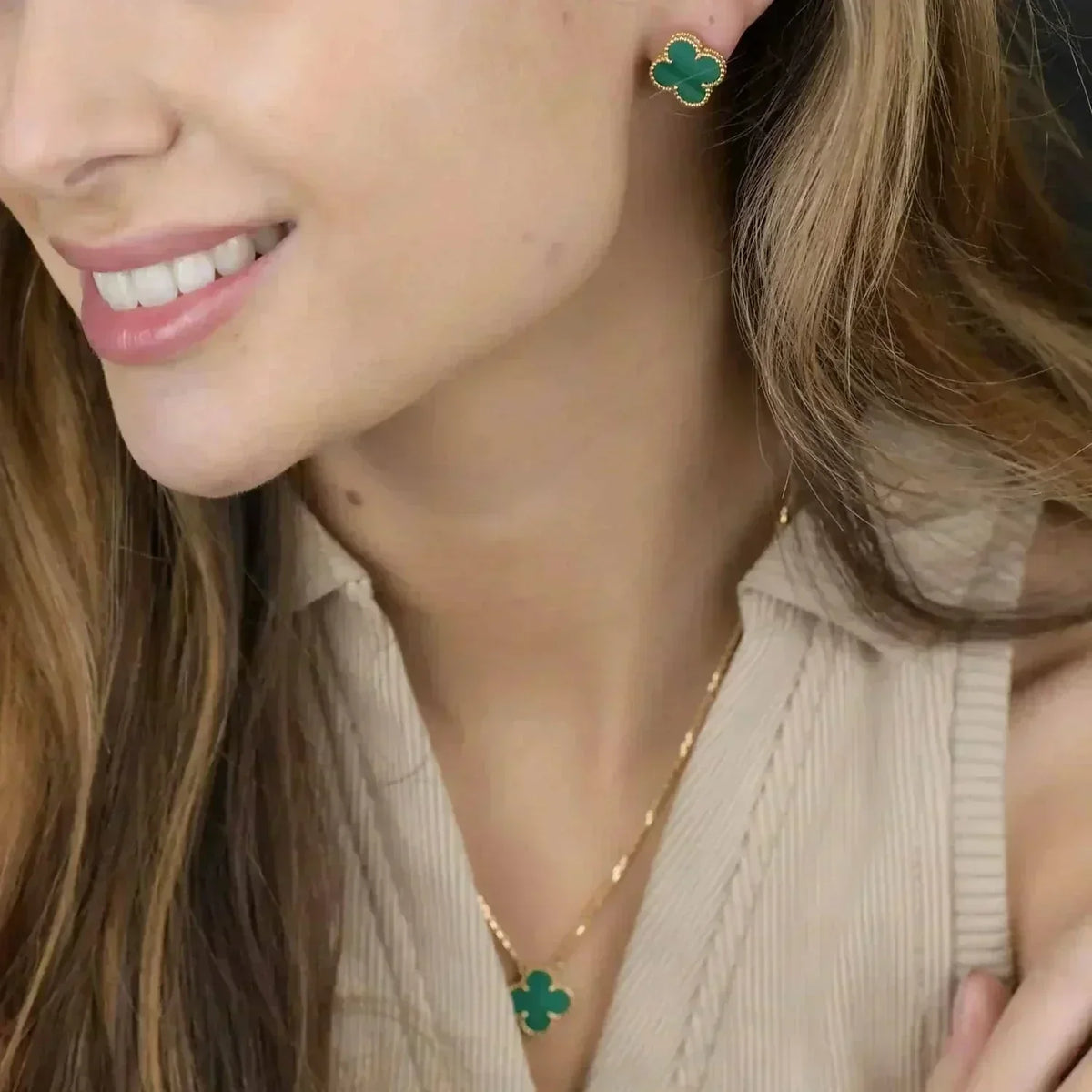 [Resenly Jewelry]CLOVER MINI 9.5MM MALACHITE  EARRINGS