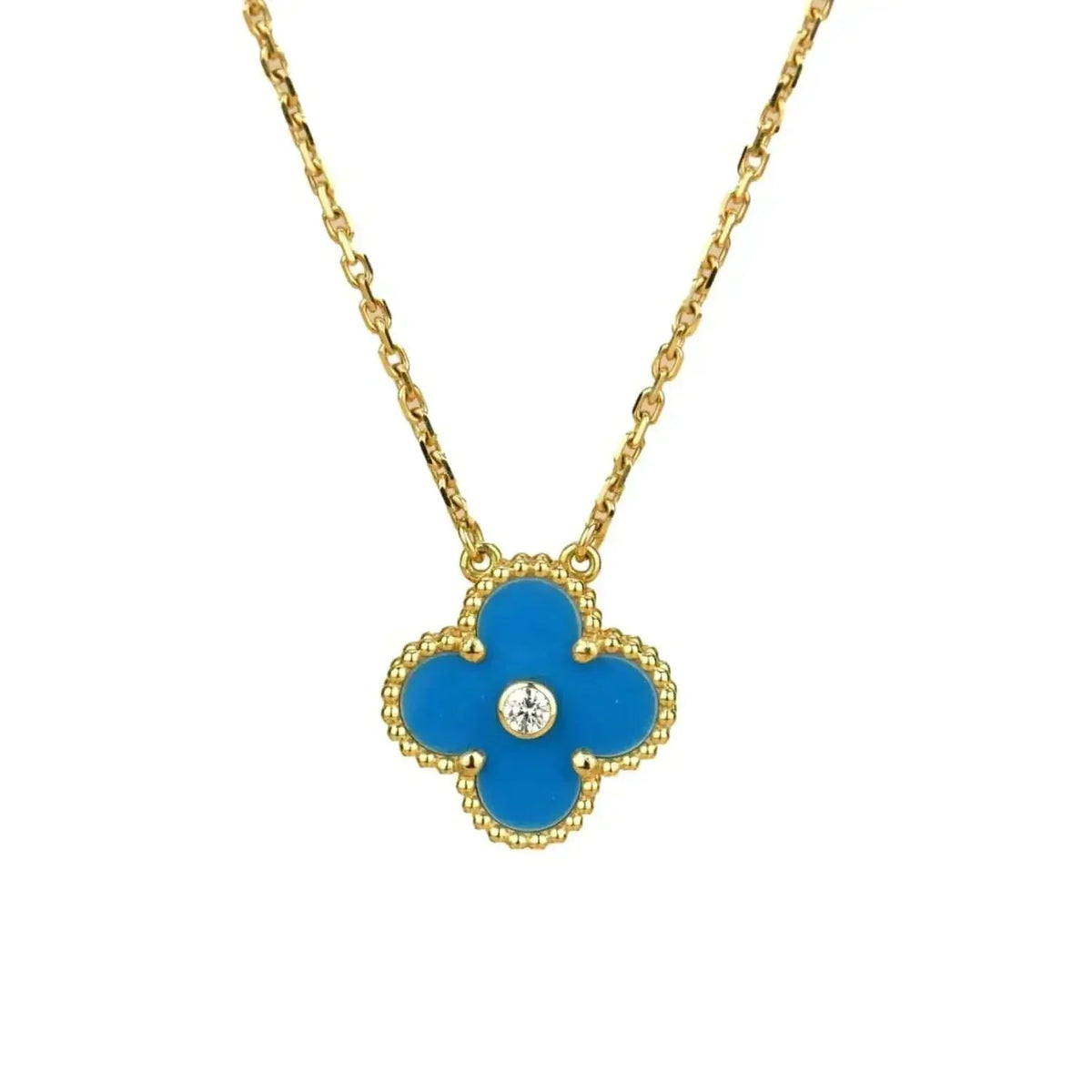 [Resenly Jewelry]CLOVER 15MM DIAMOND AND BLUE AGATE NECKLACE