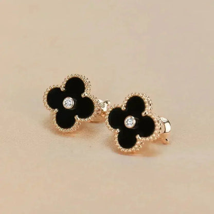 [Resenly Jewelry]CLOVER MEDIUM 1 MOTIFS ONYX DIAMOND EARRINGS