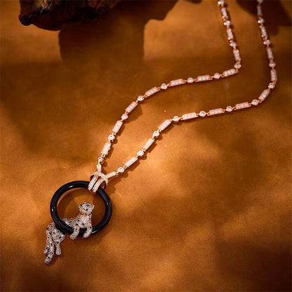 [Resenly Jewelry]NEW BLACK CIRCLE PANTHER FULL DIAMOND NECKLACE