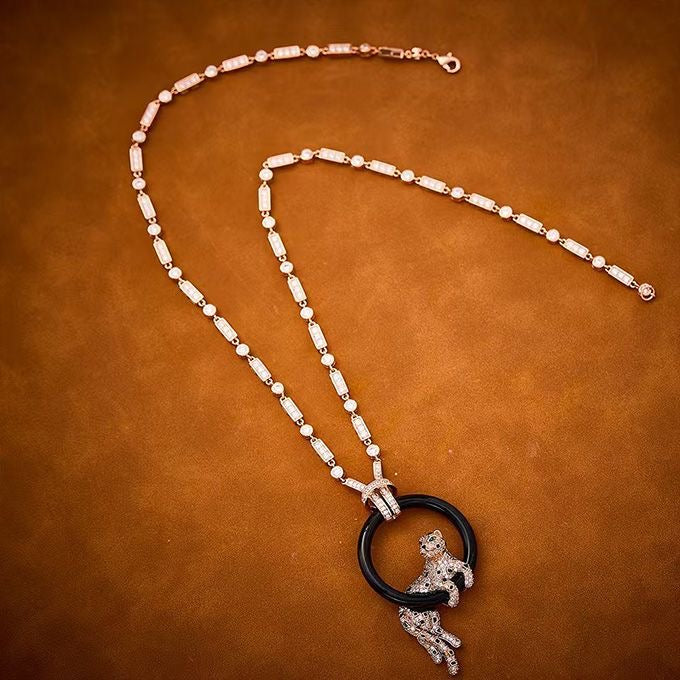 [Resenly Jewelry]NEW BLACK CIRCLE PANTHER FULL DIAMOND NECKLACE