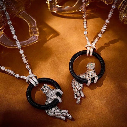 [Resenly Jewelry]NEW BLACK CIRCLE PANTHER FULL DIAMOND NECKLACE