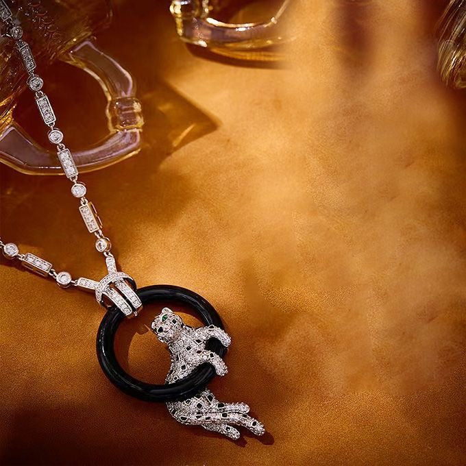[Resenly Jewelry]NEW BLACK CIRCLE PANTHER FULL DIAMOND NECKLACE