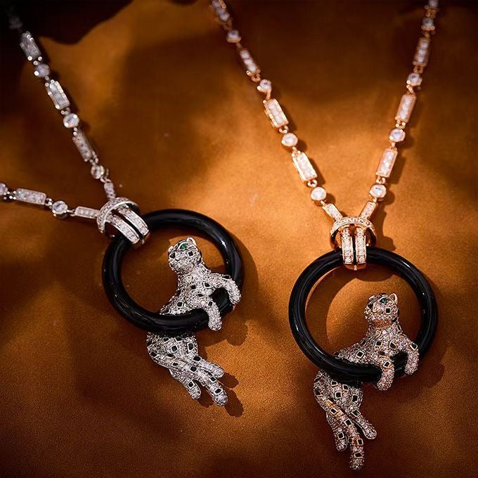 [Resenly Jewelry]NEW BLACK CIRCLE PANTHER FULL DIAMOND NECKLACE