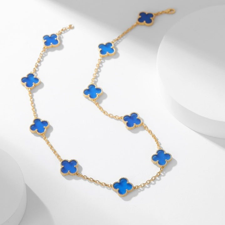 [Resenly Jewelry]CLOVER 10 MOTIFS BLUE AGATE NECKLACE