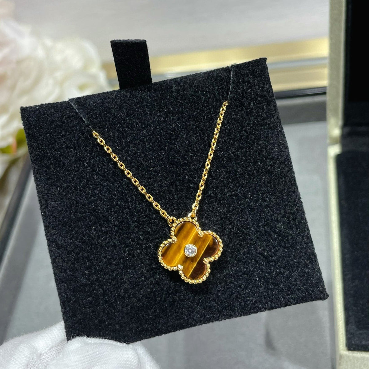[Resenly Jewelry]CLOVER 15MM DIAMOND AND YELLOW TIGER'S EYE AGATE necklace