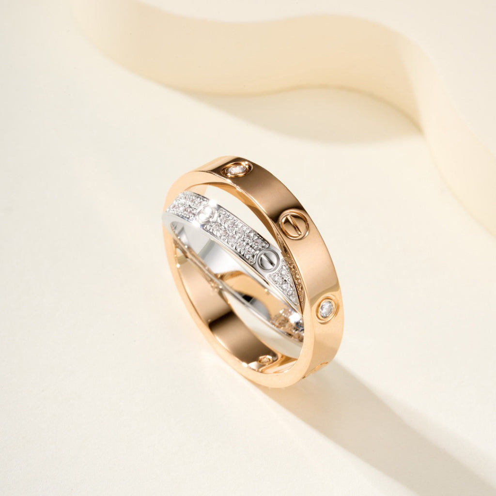 [Resenly Jewelry]LOVE PINK GOLD SILVER DIAMOND DOUBLE RING