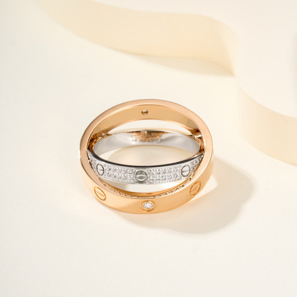 [Resenly Jewelry]LOVE PINK GOLD SILVER DIAMOND DOUBLE RING