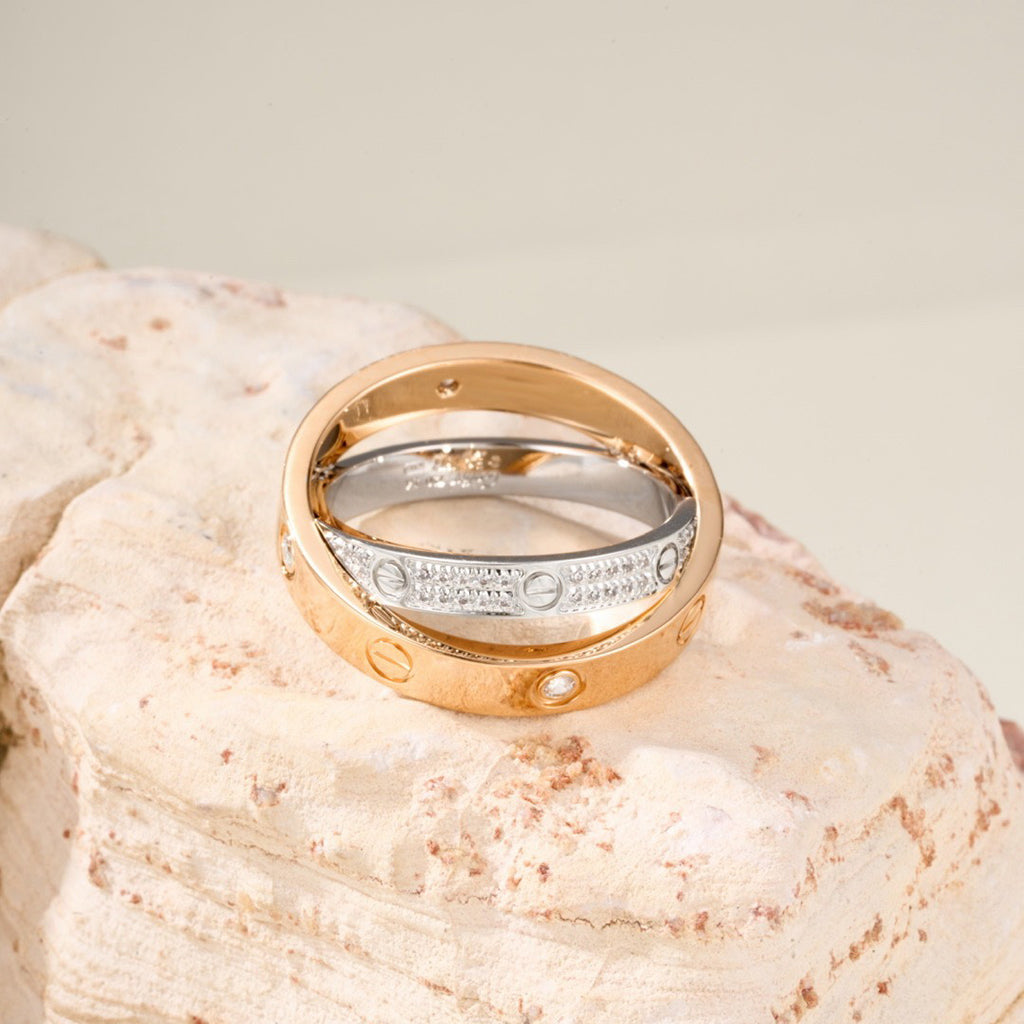 [Resenly Jewelry]LOVE PINK GOLD SILVER DIAMOND DOUBLE RING