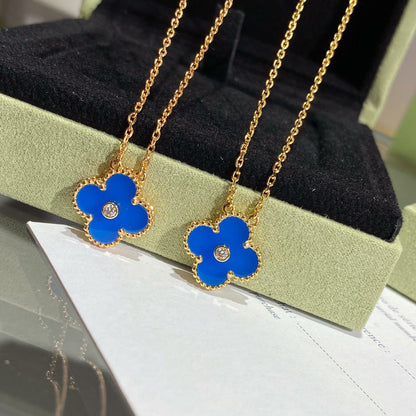 [Resenly Jewelry]CLOVER 15MM DIAMOND AND BLUE AGATE NECKLACE