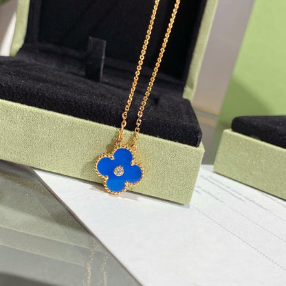 [Resenly Jewelry]CLOVER 15MM DIAMOND AND BLUE AGATE NECKLACE