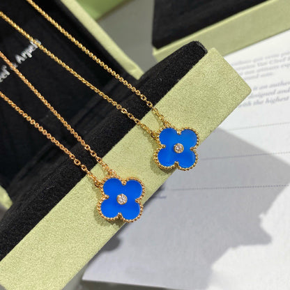 [Resenly Jewelry]CLOVER 15MM DIAMOND AND BLUE AGATE NECKLACE