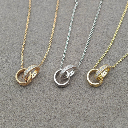 [Resenly Jewelry]LOVE DOUBLE RING HALF DIAMOND NECKLACE