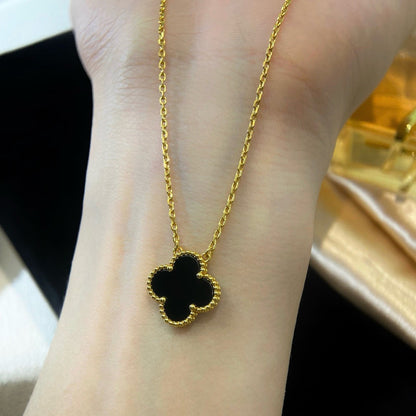 [Resenly Jewelry]CLOVER 15MM BLACK ONYX SINGLE FLOWER NECKLACE