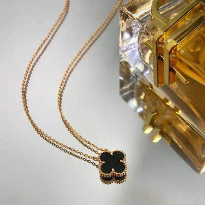 [Resenly Jewelry]CLOVER 15MM BLACK ONYX SINGLE FLOWER NECKLACE