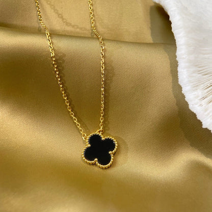 [Resenly Jewelry]CLOVER 15MM BLACK ONYX SINGLE FLOWER NECKLACE
