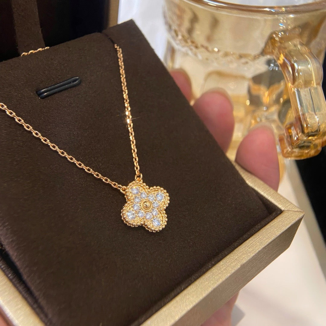 [Resenly Jewelry]CLOVER 15MM DIAMOND SINGLE FLOWER NECKLACE