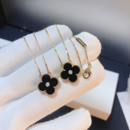 [Resenly Jewelry]CLOVER 15MM DIAMOND ONYX NECKLACE