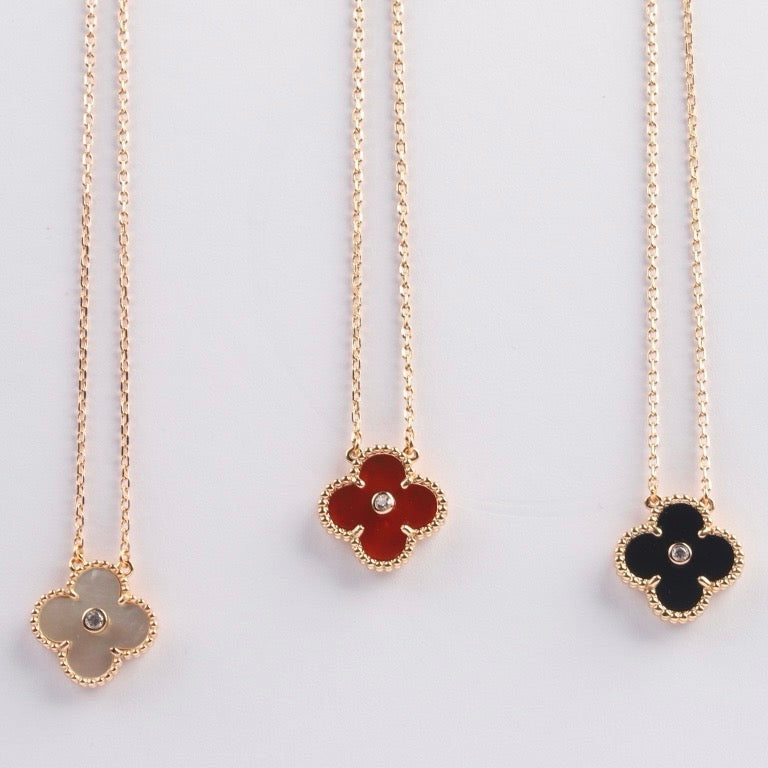 [Resenly Jewelry]CLOVER 15MM DIAMOND CARNELIAN NECKLACE